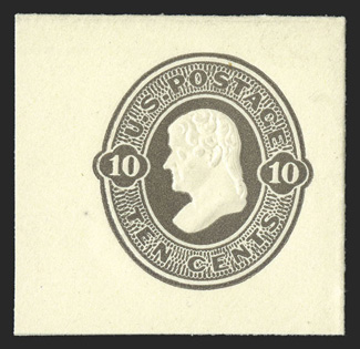 U90, 10c Olive black on amber, full corner 39x40mm mint cut square, rich distinctive color and bold embossing, extremely fine and scarce.