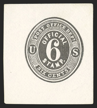 UO13, 6c Black Post Office Dept. on white, cut square measuring 41x46mm, marvelously fresh, a very fine example of this rare and often faked cut square 2010 PF
certificate.