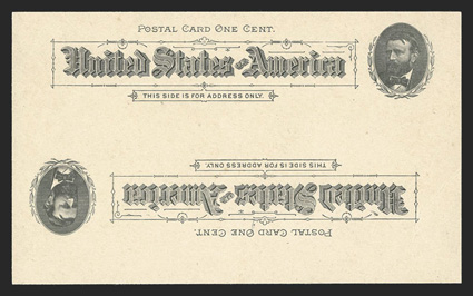 UX10a, 1c Black on buff postal card, Double Impression, One Inverted, choice mint example of this striking and rare error card, fresh and bright with two strong impressions,
the lower one being inverted, additionally the card shows two fairly st