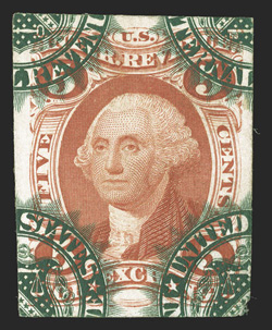 Turner Type III Experimental overprint, 5c Foreign Exchange, green overprint of portions of seal reading United States Internal Revenue on red plate proof on card, large even
margins, intense colors, bottom right corner thinned, extremely fine