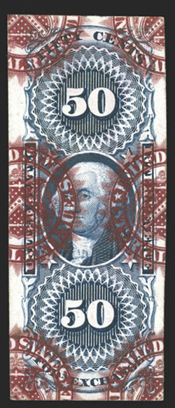 Turner Type III Experimental overprint, 50c Foreign Exchange, red overprint of portions of seal reading United States Internal Revenue on blue plate proof on card, four very
large margins, radiant colors, extremely fine very striking and bel