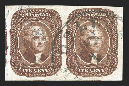 12, 5c Red brown, a phenomenal used horizontal pair in the finest imaginable quality, boasting every outstanding physical attribute one could hope for, including possessing
absolutely huge margins all around, including showing traces of adjoinin
