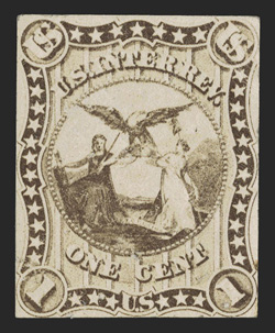 Turner Essay 69, 1c New York coat of arms, contemporaneous photo essay on stamp paper, margins close but clear, some soiling on reverse, fine the basis for the Turner listing
and maybe the only example in private hands 1999 APS certificate.