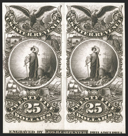 Turner Essay 78-A, $25.00 Maryland arms vignette, plate essays in brown and plum, bottom margin Carpenter imprint horizontal pairs, with large margins on the other three sides,
clean and fresh, reattached as is usually the case, extremely fine