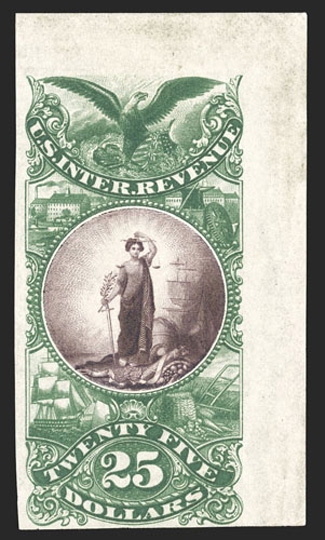 Turner Essay 78-B, $25.00 Maryland arms vignette, bi-colored plate essay in green and purple on India paper, top right corner margin single, with clear to large margins on the
other two sides, luxuriant colors, very fine, a handsome and scarce es