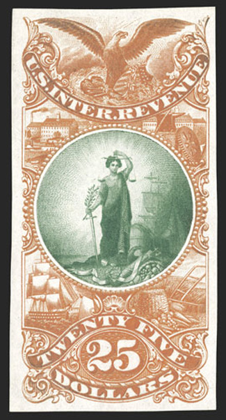 Turner Essay 78-B, $25.00 Maryland arms vignette, bi-colored plate essay in orange and green on India paper, large margins all around, rich luxuriant colors on fresh paper,
extremely fine and handsome ex-Joyce.