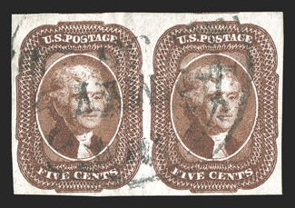 12, 5c Red brown, an exquisite quality used horizontal pair, relief B, with large to huge margins all around including showing bits of the adjoining stamps at top, especially
bright and rich color, highly detailed impression on fresh paper, ligh