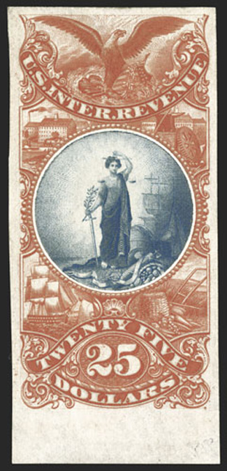 Turner Essay 78-B, $25.00 Maryland arms vignette, bi-colored plate essay in red and blue on India paper, bottom margin single, with large even margins on the other three sides,
luxuriant rich colors on fresh paper, extremely fine and handsome.