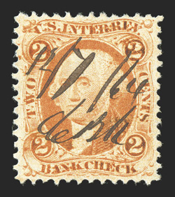 R6c var., 2c Bank Check, double transfer (T5), striking example with intense color on fresh paper, choice centering, 1864 ms. cancel, extremely fine and scarce.