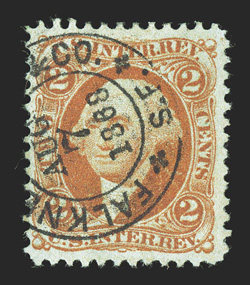 R15e, 2c U.S.I.R., orange on green paper, attractive appearing example of this scarce stamp, nicely centered, radiant rich color, perfectly struck 1868 handstamped cancel,
pressed out vertical crease, very fine appearance missing from most coll