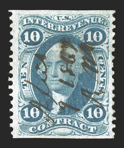 R34b, 10c Contract, part perforated, well centered, with ample to large imperforate margins, strong color and impression on fresh paper, 1867 ms. cancel, choice very
fine.