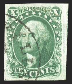 13, 10c Green, Ty. I, position 92R, premium used single, four large to extra-large margins, especially bright color and a crisp detailed impression on fresh paper, light town
c.d.s. cancel, extremely fine and exceedingly choice 1986 PF certific