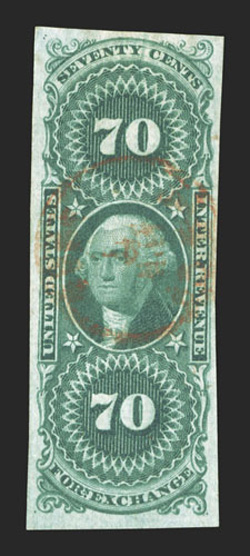 R65a, 70c Foreign Exchange, imperforate, pretty used single, large margins, deep rich color and a detailed impression, light red c.d.s. handstamped cancel, extremely
fine.