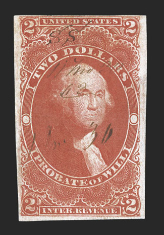 R83a, $2.00 Probate of Will, imperforate, close to mostly large margins all around, strong color and impression, light 1863 ms. cancel, small closed tear in the bottom margin,
very fine appearance a rare and key First Issue imperforate.