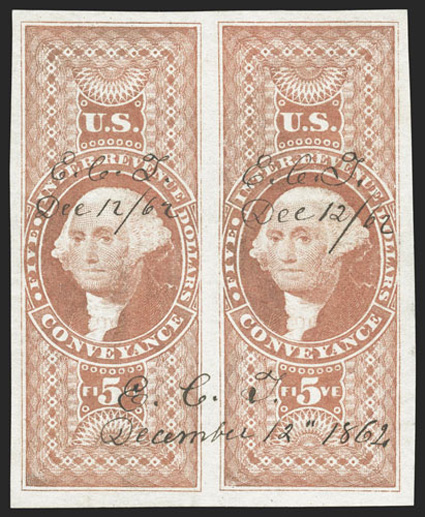 R89a, $5.00 Conveyance, imperforate, eye-catching horizontal pair, boasting extravagantly large margins all around, strong color and impression on crisp clean paper, meticulous
1862 ms. cancel, extremely fine a gem pair in every regard 2007 PF