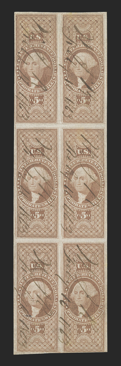 R92a, $5.00 Probate of Will, imperforate, block of six (2x3), full to mostly large margins, just touching at bottom right, strong color, 1863 ms. cancels, middle pair with
light crease, bottom left stamp with small hole, very fine appearance a