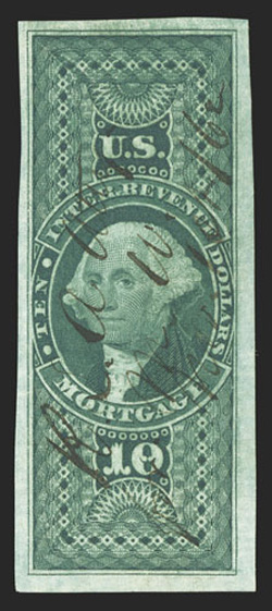 R95a, $10.00 Mortgage, imperforate, choice used single, with large to mostly huge margins all around, vivid rich color and a fine impression on crisp clean paper, neat 1862 ms.
cancel, extremely fine.