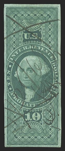 R96a, $10.00 Probate of Will, imperforate, clear to large margins all around, rich luxuriant color, ms. cancel, fine and scarce.
