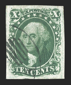 14, 10c Green, Ty. II, premium quality used example, possessing four exceptionally large and perfectly symmetrical margins, prooflike color and impression on bright paper, crisp
strike of a scarce and desirable New York Ocean Mail c.d.s., an