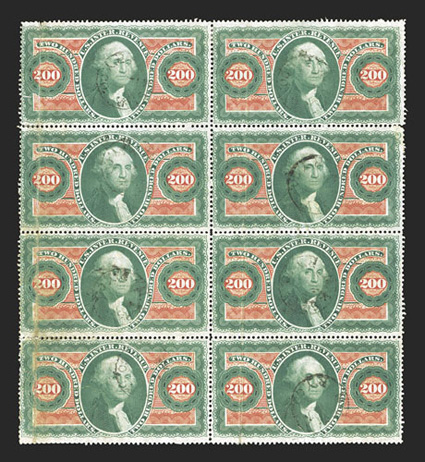 R102c, $200 Internal Revenue, an incredibly rare sheet of eight, cancelled by light handstamps of Milwaukee & St. Paul Railway Co., vertical creases, a few small repairs mostly
caused by the cancels, fine appearance this is the only recorded