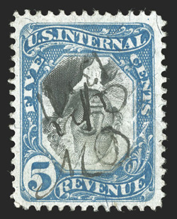 R107a, 5c Blue and black, Inverted Center, uncommonly well centered, brilliantly fresh colors, herringbone and ms. cancels, tiny trace of a thin speck, otherwise a very fine
example of this scarce invert.