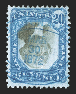 R111a, 20c Blue and black, Center Inverted, an attractive example of this rare invert, possessing outstanding colors that are remarkably deep and rich, in addition it is
cancelled by a light oval blue handstamp dated Mar 30, 1872, as well as