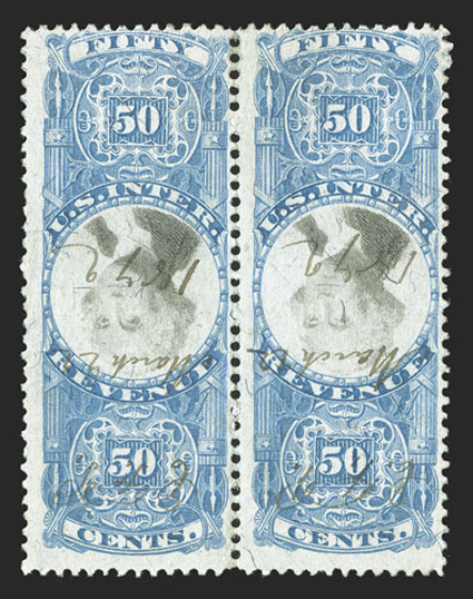 R115b, 50c Blue and black, Center Inverted, horizontal pair, fresh colors, light and neat 1872 ms. cancel, a few rejoined perfs. at bottom, fine very few pairs of this invert
exist without the punch cancels.