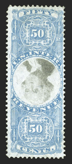 R115b var., 50c Blue and black, Center Inverted, double transfer of Fifty at top, unused, attractive colors, small thin spot, fine appearance a very scarce variety that is not
listed in Scott cataloged as a normal stamp in used condition.