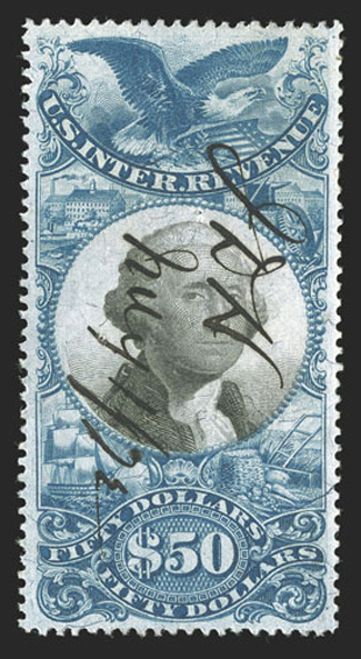 R131, $50.00 Blue and black, choice appearing example of this high value, near perfect centering, vivid rich color and a crisp impression on fresh paper, 1872 ms. cancel, a
couple pinholes, extremely fine appearance.