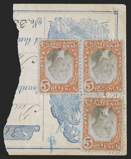 R137a, 5c Orange and black, Center Inverted, a stunning invert L shaped block of three, tied to the left third portion of a bank check by tiny pinhole cancels, the vertical
pair showing an extra half row of slightly off-register freak perforat