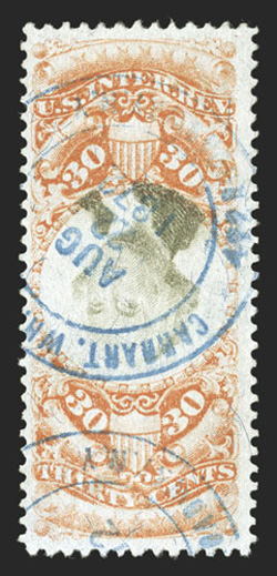 R140a, 30c Orange and black, Inverted Center, well centered, bright colors, attractive light blue circular date handstamp, small repair at bottom causing a light stain, very
fine appearance despite the repair, this is a highly desirable example
