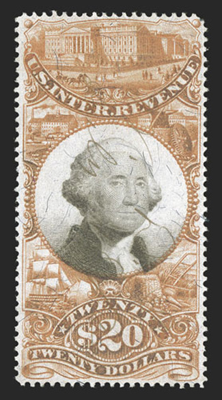 R150, $20.00 Orange and black, incredibly well centered for this, very light ms. cancel, nibbed top right corner perf., otherwise extremely fine.