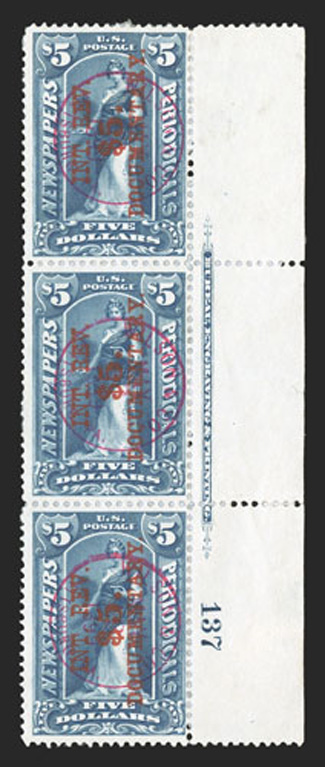 R160, $5.00 Surcharge on $5.00 Dark blue, overprint reading up, used right margin imprint and plate no. 137 strip of three, with large sheet-selvage, largely affixed to the
original backing, bright color, light 1899 red c.d.s. handstamps of