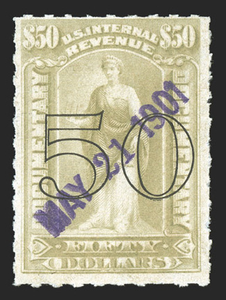 R189, $50.00 Gray surcharged with open numeral 50, used with violet straightline May 21 1901 cancellation, bright and fresh, fine.
