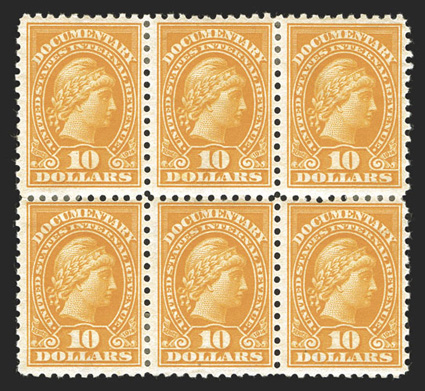 R221, $10.00 Yellow orange, mint block of six (3x2), radiant rich color, o.g., h.r. reinforcements, fine-very fine scarce multiple.