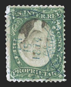 RB3ad, 3c Green and black on violet paper, Center Inverted, deep intense colors and impressions, light blue handstamp cancels, corner crease at bottom left and a couple minor
repairs, fine appearance there are only eight recorded copies o
