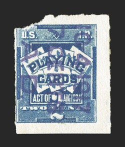 RF9j, 7c on 2c Blue, A.D. overprint reading down, deep color, 10-4-1917 7 CENTS A.D. three line surcharge, still with full o.g., top left corner missing, an extraordinarily
rare variety that is listed but not priced in Scott.