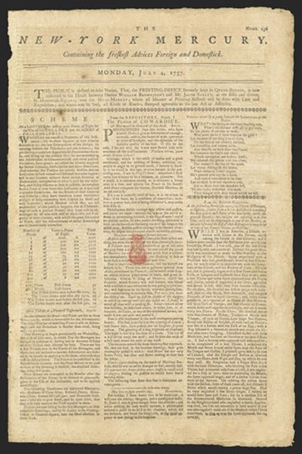 RM9, ½p New York red handstamp, clear strike on July 4, 1757 New York Mercury complete four page newspaper, fine an impressive usage of this rare colonial
revenue.