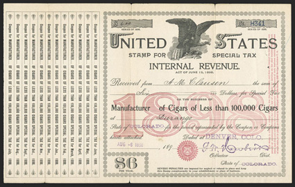 Hines Tables 42, 49, Special Tax Stamps, Manufacturer of cigars, Manufacturer of tobacco, five of former dated 1898-1901 and one of latter dated 1919, some usual faults and one
defective, generally fine ex-Tolman.