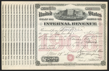 Hines Table 56, Special Tax Stamps, Manufacturer of oleomargarine, 21 stamps dated from 1900-20 cplt. with coupons, nearly all very fine and scarce ex-Tolman.