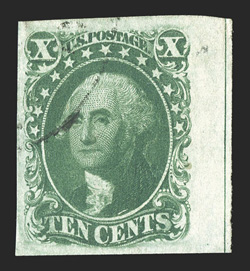 15, 10c Green, Ty. III, gem right sheet-margin example, with sizable sheet margin measuring 4½mm and showing full guideline, other margins very large and quite well balanced,
bright fresh color and impression, clear stitch watermark, light