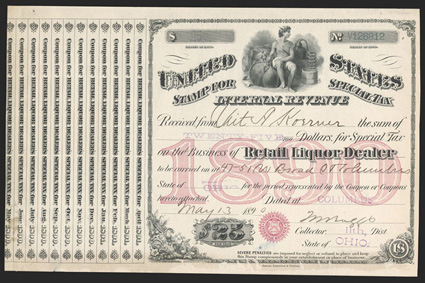 Special Tax Stamps, Retail liquor dealer, 1890, stamp with coupons for May, 1890 to April 1891 and accompanied by a certificate of extension making it valid for two additional
months per the act of 1 October, 1890, also includes a Specimen exam