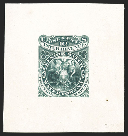 RO81TC1, Excelsior Match Co., Watertown, N.Y., 1c Blue, dark green and red large die trial color proofs on India paper mounted on card, very fine.