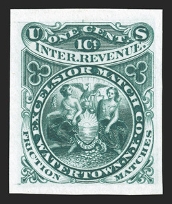RO81TC1, Excelsior Match Co., Watertown, N.Y., 1c Dark green large die trial color proof on India paper, 22x27mm, fresh and very fine.