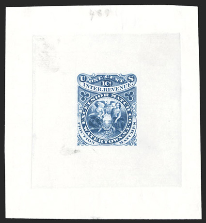 RO81P1, RO81TC1, Excelsior Match Co., Watertown, N.Y., 1c Black large die proof and 1c Blue large die trial color proof on India paper, one of former and three of latter, one
of which includes the full die sinkage area but has light India paper