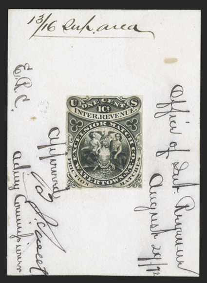 RO81P1 var., Excelsior Match Co., Watertown, N.Y., 1c Black original die proof mounted on 50x69mm card signed ApprovedJ. SweetActing CommissionerOffice of Int. RevenueAugust
2972 in the margins and mounted on two Joyce album pages, the se