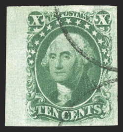15, 10c Green, Ty. III, an outstanding left sheet-margin single, other margins also exceptionally large, rich color and a crisp impression, light and unobtrusive cancels,
extremely fine.