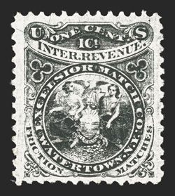 RO81b, Excelsior Match Co., Watertown, N.Y., 1c Black, silk paper, well centered within uncharacteristically wide margins, bright and fresh, very fine and
choice.