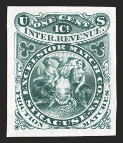 RO82P1, RO82TC1, Excelsior Match Co., Syracuse, N.Y., 1c Black large die proof and 1c Blue and 1c Green large die trial color proofs on India paper, 1c Green thinned, otherwise
very fine.