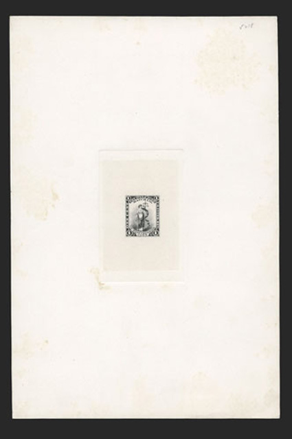 RO120TC1, Ives & Judd Match Co. 1c Black large die trial color proof on India paper mounted on full sized card measuring 151x127mm, with blue 18186 Bureau of Engraving and
Printing proving room number on reverse, some faint staining away from